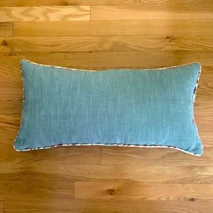 Feather Lumbar Accent pillow teal with orange and gray piping 24”x12”